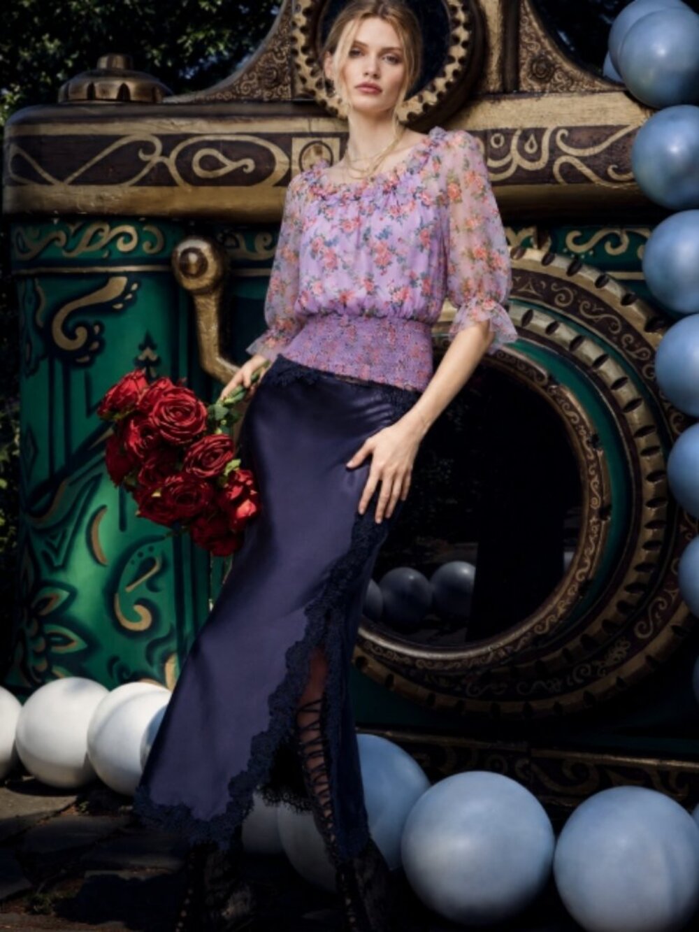 NWOT Alice+Olivia off Shoulder Smocked Lavender Silk Organza Floral Top L $395